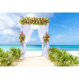 Blue Sea Green Grass White Curtain Floral Decoration Backdrop for Seaside Party Photography