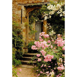 Pink Flowers Beside Old Stone Door Backdrop Spring View Photography Background