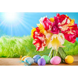 Colorful Easter Eggs and Flowers Under Sunshine Backdrop For Photography