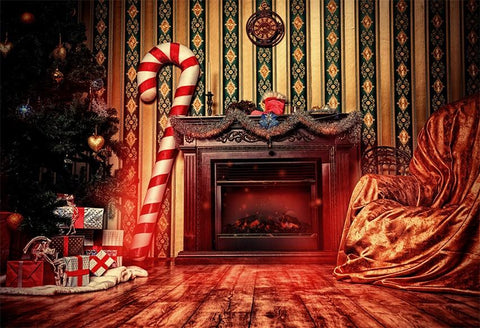 Vintage Wood Floor Fireplace Christmas Photo Backdrop