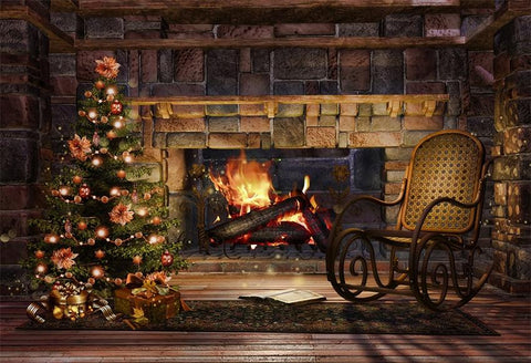 Christmas Vintage Brick Fireplace Wood Floor Backdrops