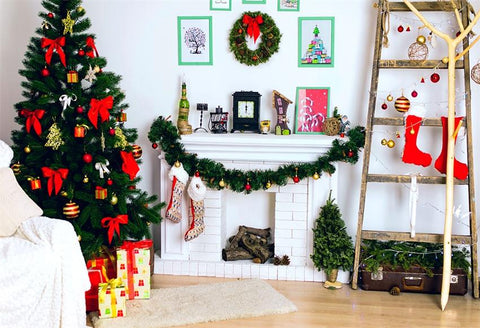 Brick Fireplace Wood Floor Christmas Backdrop for Party