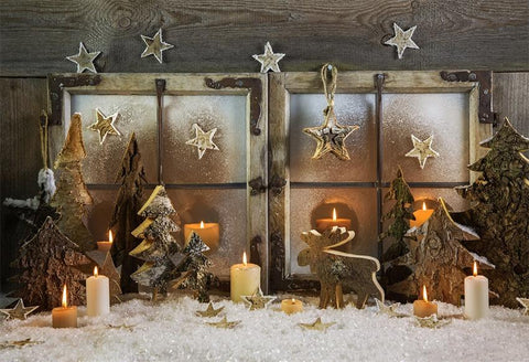 Grey Wood Window Candle Snowflake Backdrops