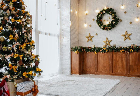 White Brick Wall Christmas Wood Floor Backdrops