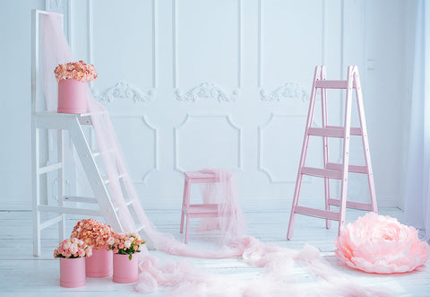 Pink Rose Yarn White Wood Wall Wood Floor Wedding Backdrop
