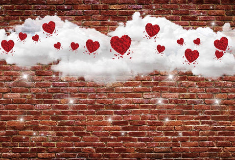 Red Brick Wall White Cloud Glitter Valentine's Day Backdrops